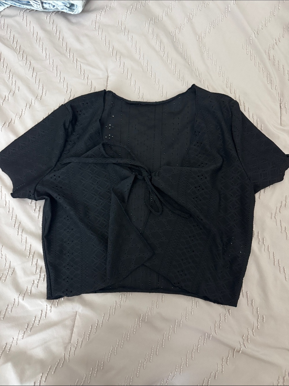 Black Tie-Front Eyelet Crop Top